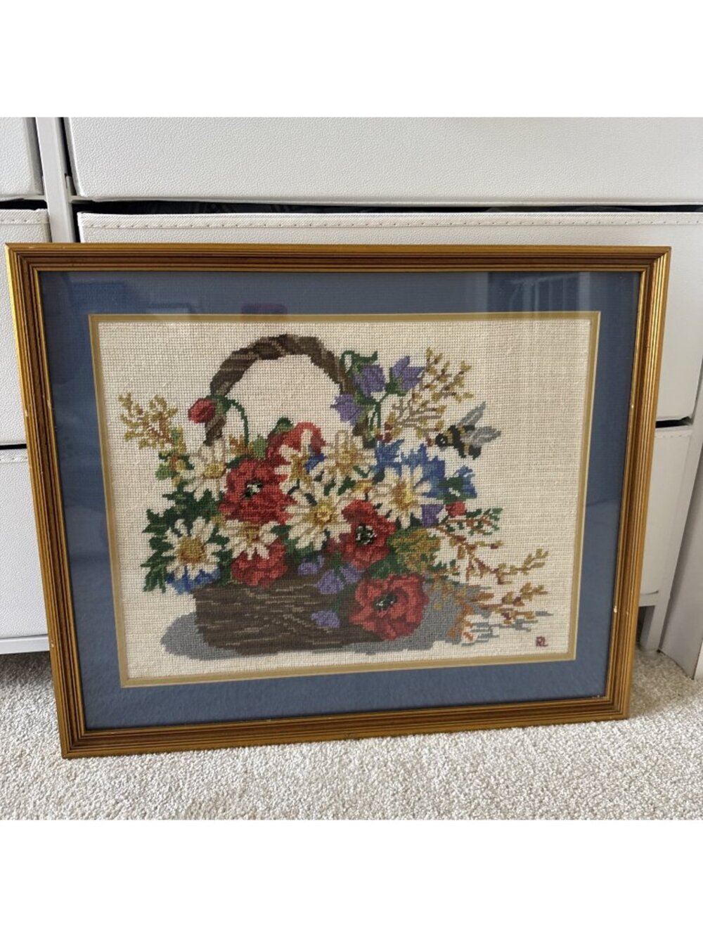 Vintage Framed Needlepoint Flowers in Basket Picture Handmade 80s Gold Frame